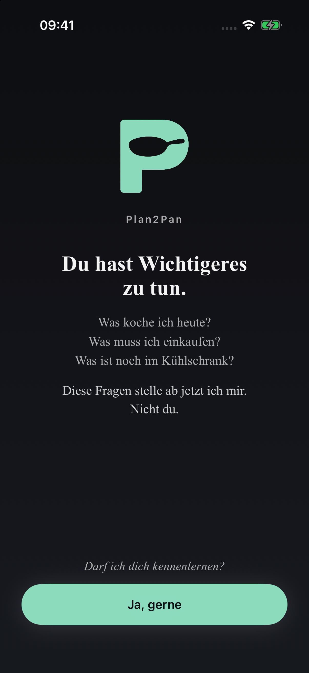 Echte Plan2Pan-App-Vorschau mit dem Pfannen-P-Logo und dem Einstieg ins Kennenlernen