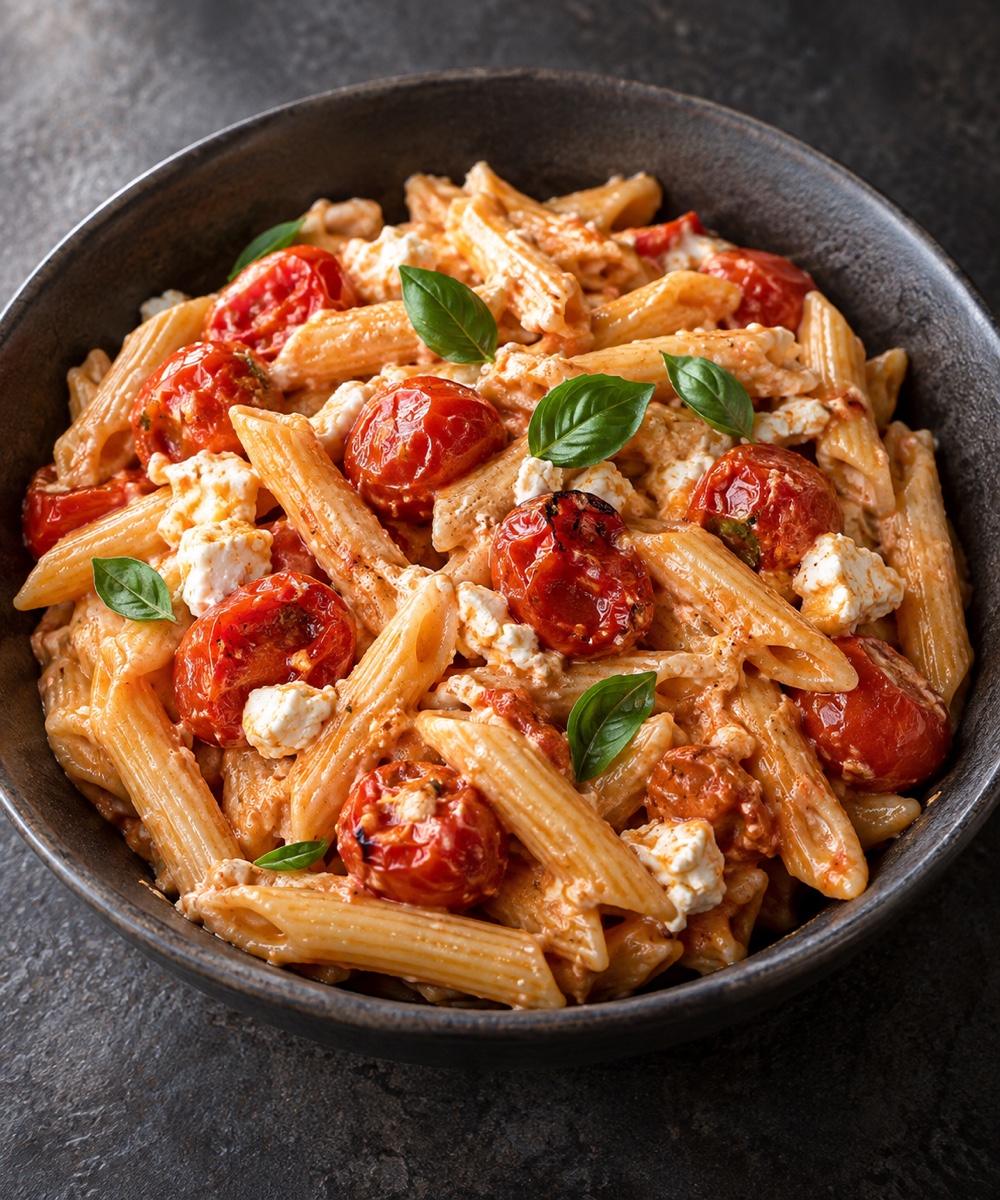 Ofenpasta mit Tomaten, Feta und Basilikum, KI-generierter Serviervorschlag